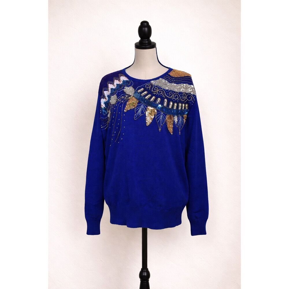 Vintage 1980s Tina Sweater Women’s L Blue Beaded Sequin Embellished Knit